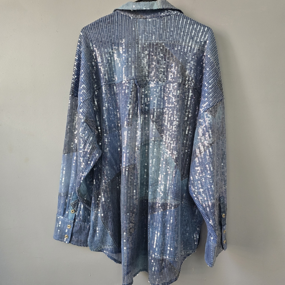 Pilcro Sequin Denim Patchwork Print Blue Top NWT - image 2